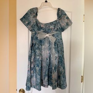 Blue Puffy Dress With White Ribbon On Front And Back